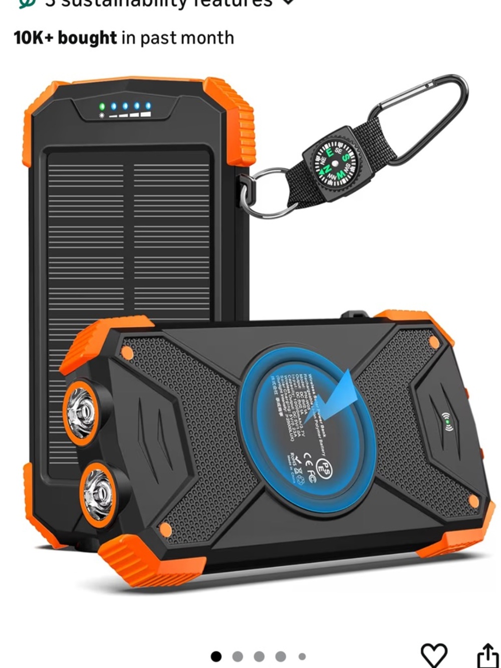 Blavor Solar Power Bank with Wireless Charging - Black & Orange NWT